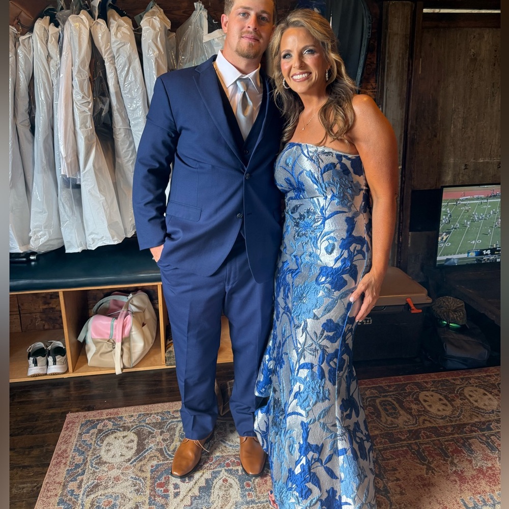 Donna Karan Blue and Silver Floral Gown